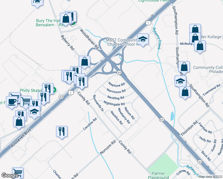 map of restaurants, bars, coffee shops, grocery stores, and more near 2828 Narcissus Road in Philadelphia