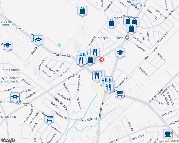 map of restaurants, bars, coffee shops, grocery stores, and more near 808 Red Lion Road in Philadelphia