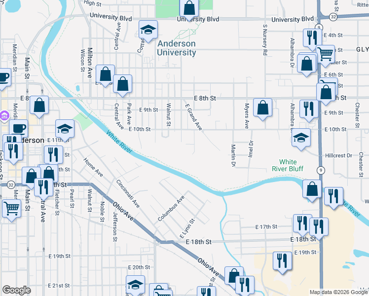 map of restaurants, bars, coffee shops, grocery stores, and more near 1201 East 11th Street in Anderson