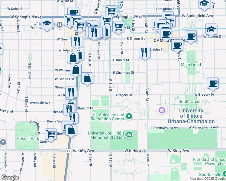 map of restaurants, bars, coffee shops, grocery stores, and more near 1108 South 1st Street in Champaign