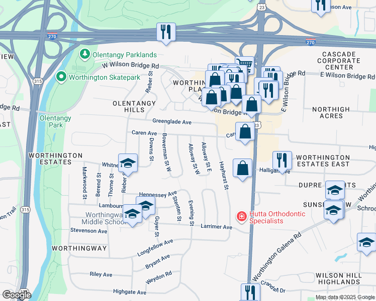 map of restaurants, bars, coffee shops, grocery stores, and more near 6855 Alloway Street West in Worthington