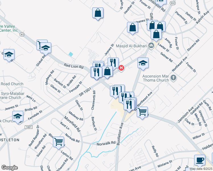 map of restaurants, bars, coffee shops, grocery stores, and more near Red Lion Road in Philadelphia