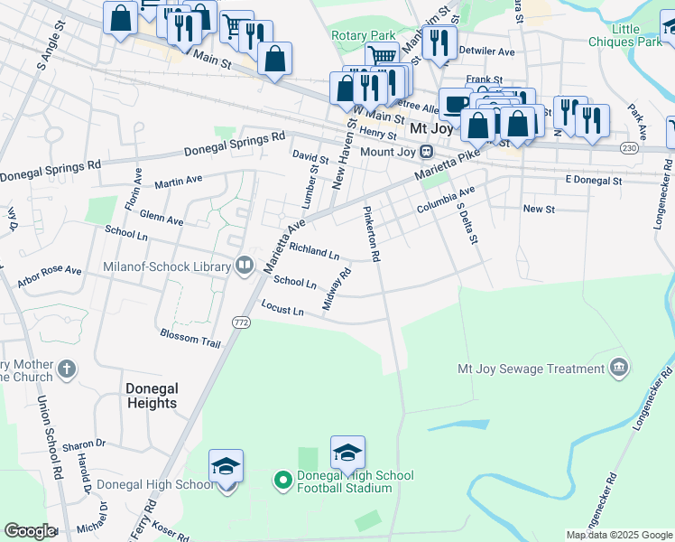 map of restaurants, bars, coffee shops, grocery stores, and more near 215 Midway Road in Mount Joy