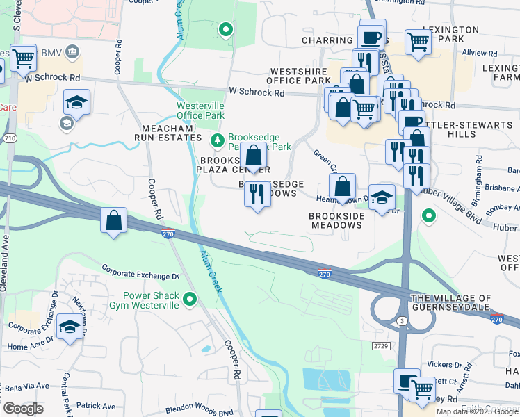 map of restaurants, bars, coffee shops, grocery stores, and more near 800 Brooksedge Boulevard in Westerville