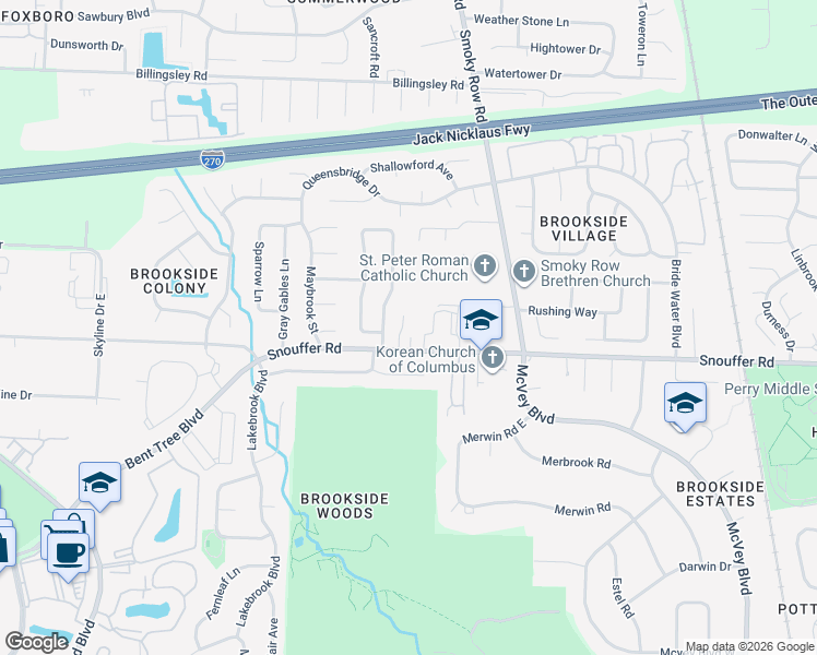 map of restaurants, bars, coffee shops, grocery stores, and more near 2968 Snouffer Road in Columbus