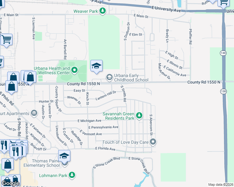 map of restaurants, bars, coffee shops, grocery stores, and more near 2306 Rainbow View in Urbana