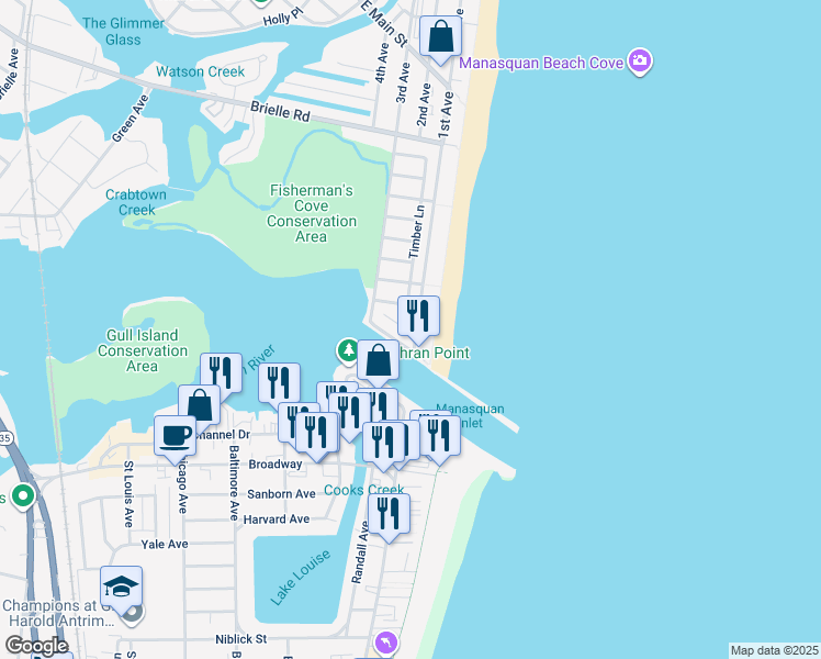 map of restaurants, bars, coffee shops, grocery stores, and more near 413 1st Avenue in Manasquan