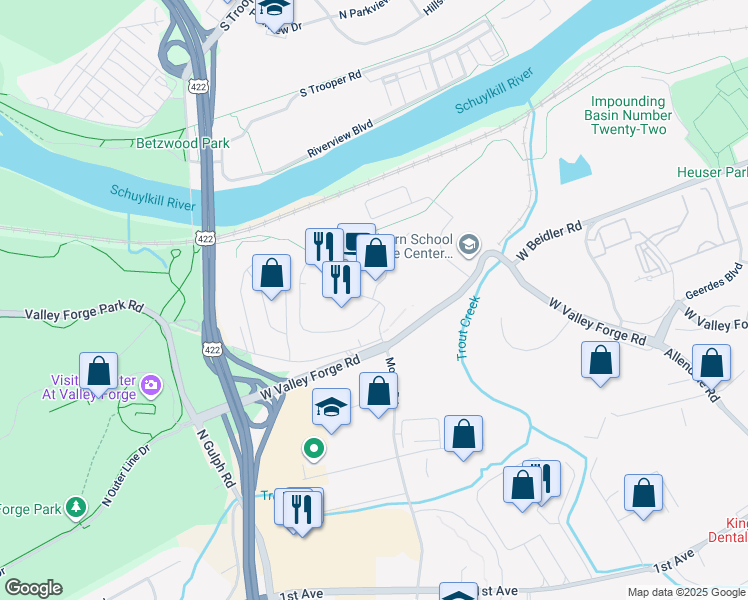 map of restaurants, bars, coffee shops, grocery stores, and more near 21128 Valley Forge Circle in King of Prussia