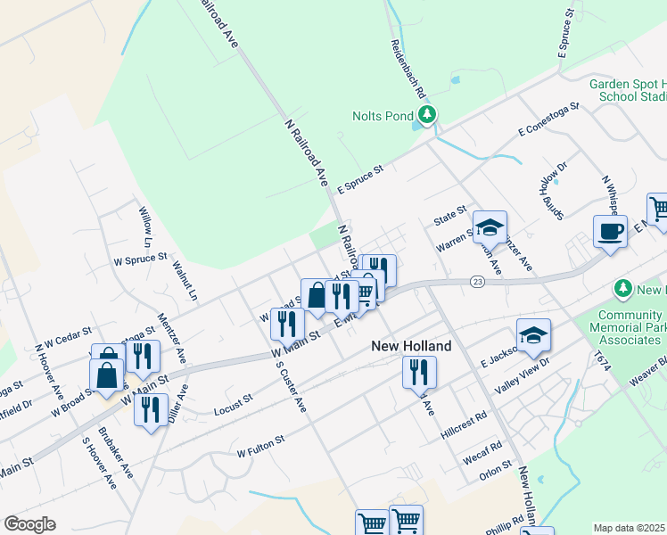 map of restaurants, bars, coffee shops, grocery stores, and more near 1 Kutz Avenue in New Holland