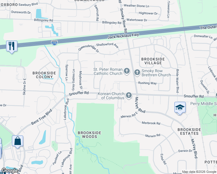 map of restaurants, bars, coffee shops, grocery stores, and more near 2968 Snouffer Road in Columbus