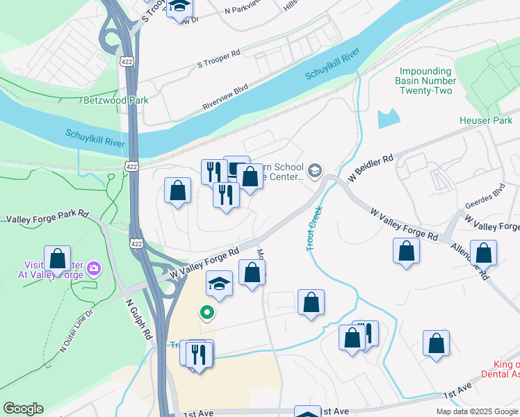 map of restaurants, bars, coffee shops, grocery stores, and more near 2846 Valley Forge Circle in King of Prussia