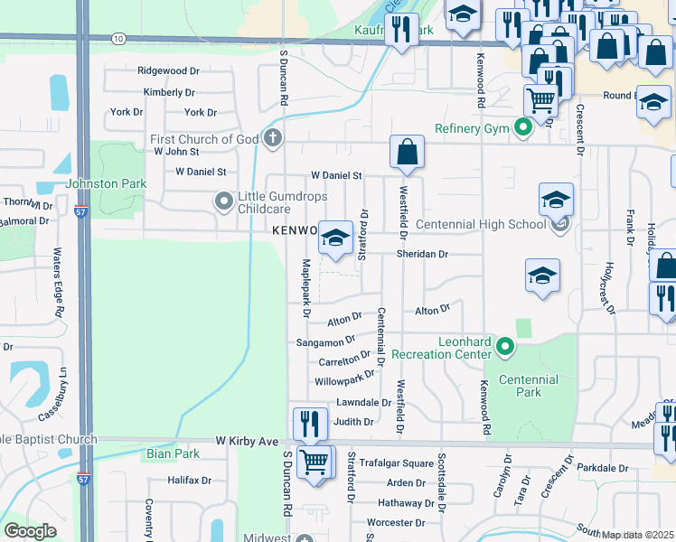 map of restaurants, bars, coffee shops, grocery stores, and more near 1001 Stratford Drive in Champaign