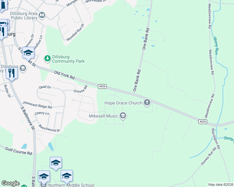 map of restaurants, bars, coffee shops, grocery stores, and more near 100 Old York Road in Dillsburg