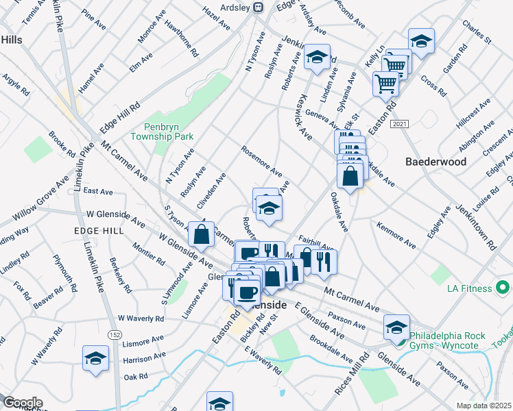 map of restaurants, bars, coffee shops, grocery stores, and more near 2346 Fairhill Avenue in Glenside