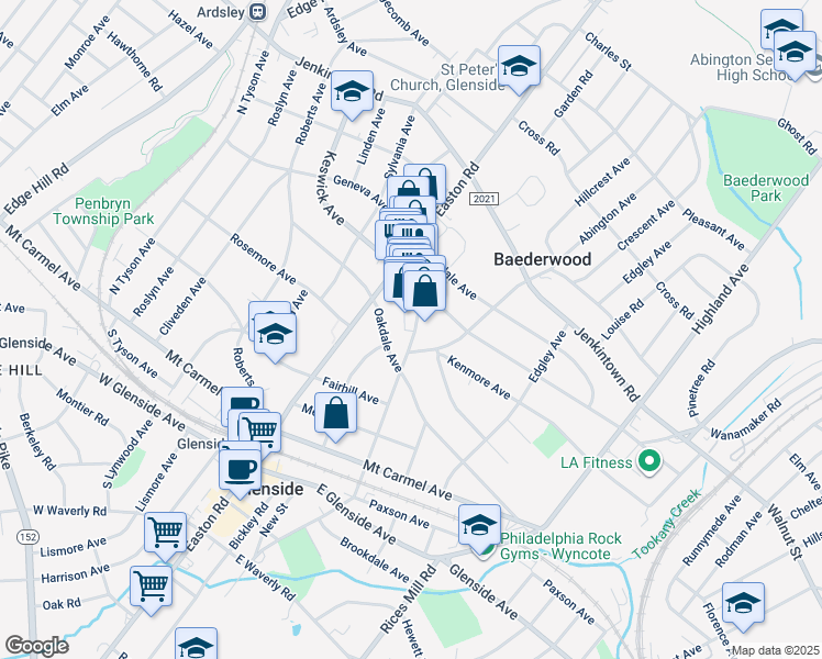 map of restaurants, bars, coffee shops, grocery stores, and more near 240 North Keswick Avenue in Glenside