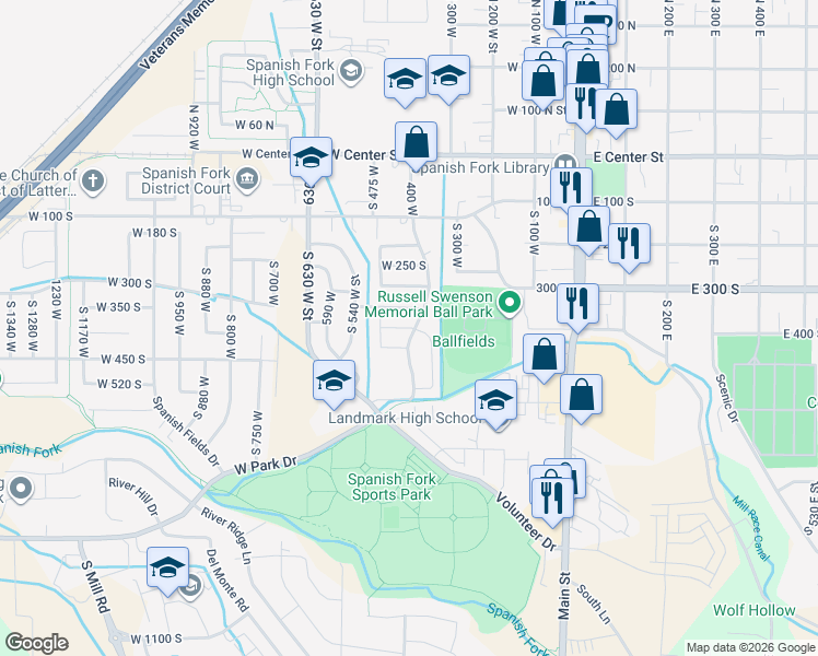 map of restaurants, bars, coffee shops, grocery stores, and more near 390 South in Spanish Fork