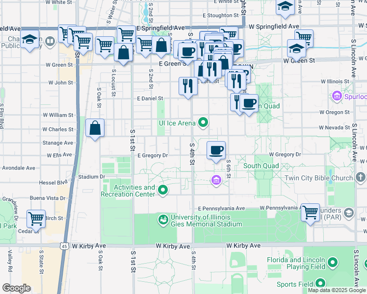 map of restaurants, bars, coffee shops, grocery stores, and more near 1106 Euclid Street in Champaign