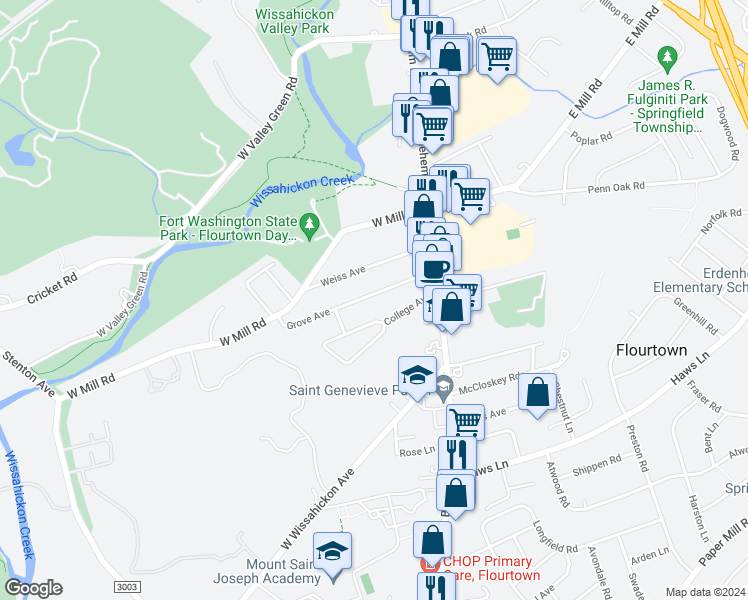map of restaurants, bars, coffee shops, grocery stores, and more near 28 Grove Avenue in Flourtown