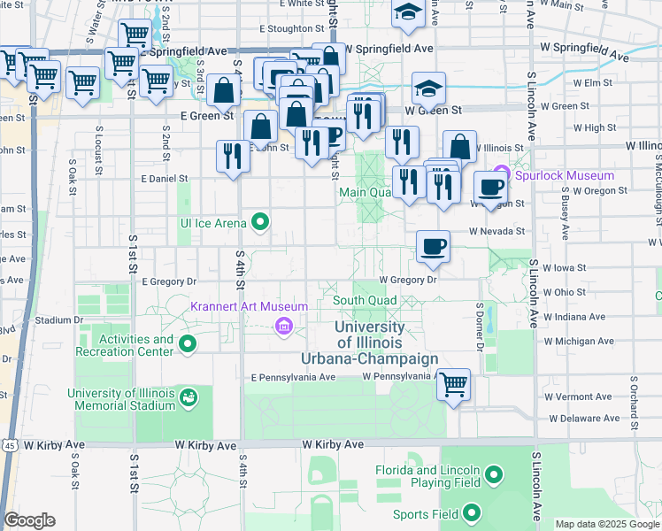 map of restaurants, bars, coffee shops, grocery stores, and more near 1408 West Gregory Drive in Urbana