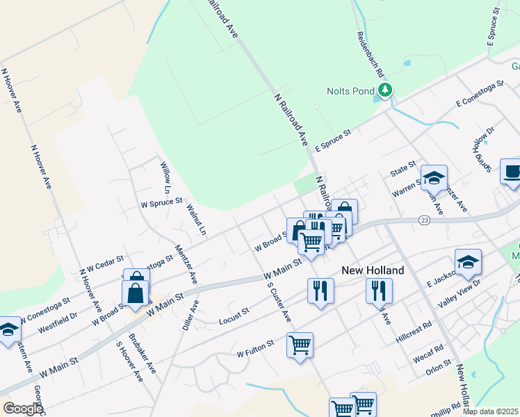 map of restaurants, bars, coffee shops, grocery stores, and more near 111 West Conestoga Street in New Holland