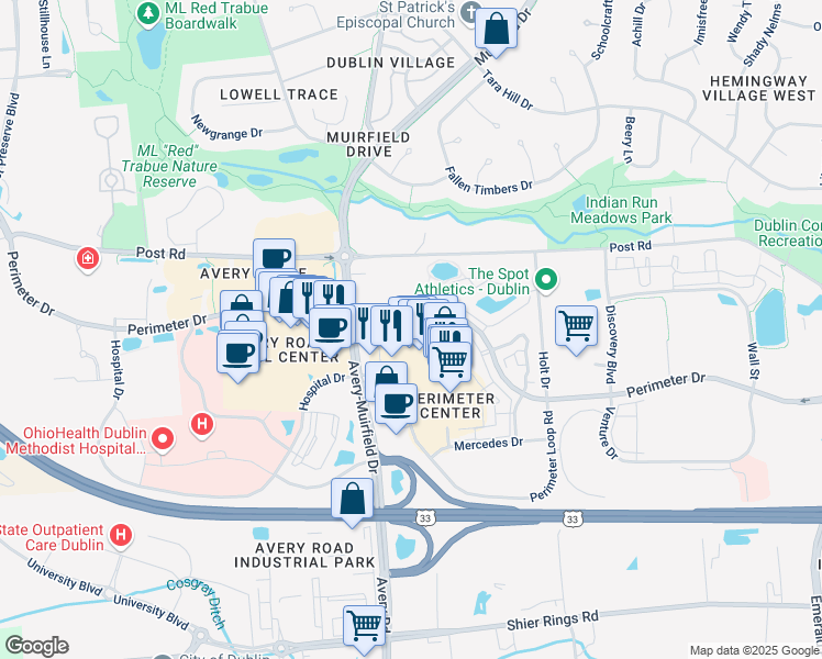 map of restaurants, bars, coffee shops, grocery stores, and more near 6810 Perimeter Loop Road in Dublin