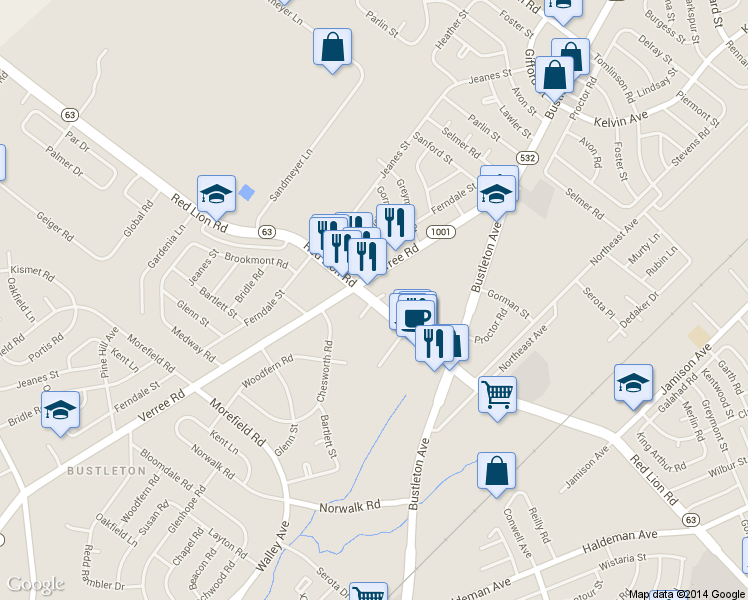 map of restaurants, bars, coffee shops, grocery stores, and more near 808 Red Lion Road in Philadelphia