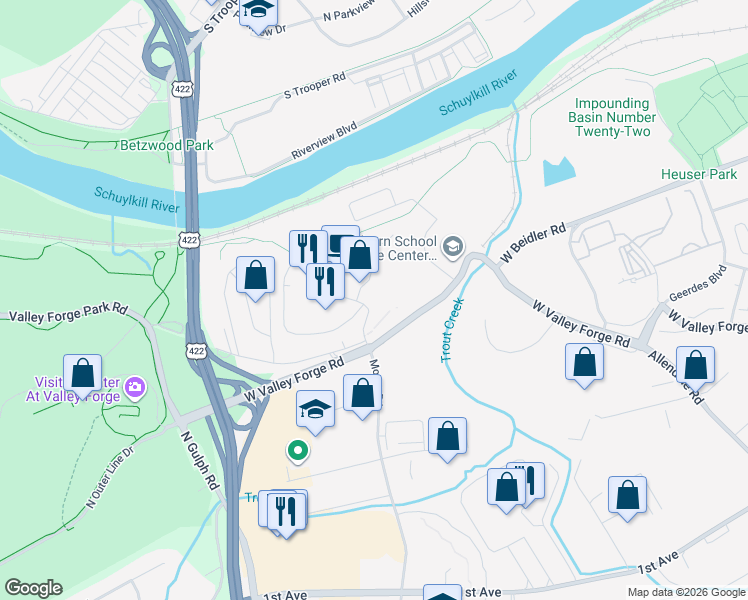map of restaurants, bars, coffee shops, grocery stores, and more near 2846 Valley Forge Circle in King of Prussia