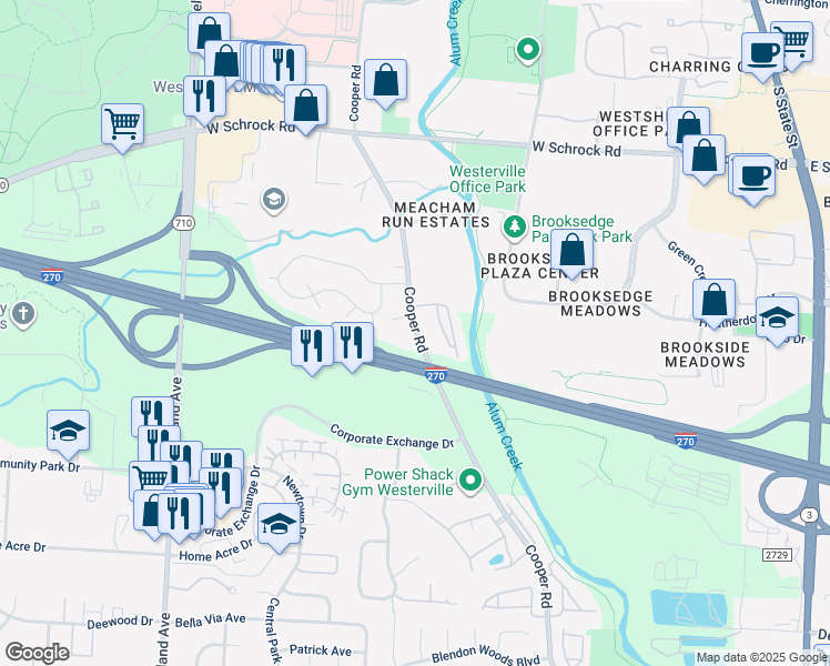 map of restaurants, bars, coffee shops, grocery stores, and more near 6867 Cooper Road in Westerville