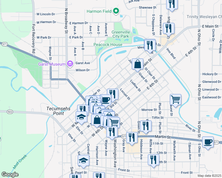 map of restaurants, bars, coffee shops, grocery stores, and more near 307 East Main Street in Greenville