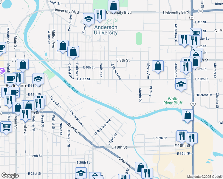 map of restaurants, bars, coffee shops, grocery stores, and more near 1201 East 11th Street in Anderson