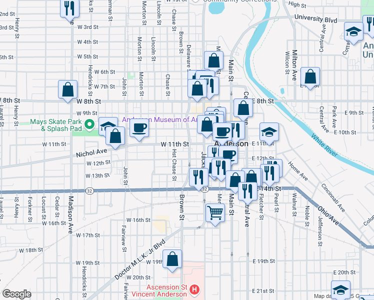 map of restaurants, bars, coffee shops, grocery stores, and more near 123 West 12th Street in Anderson