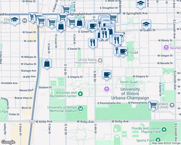 map of restaurants, bars, coffee shops, grocery stores, and more near 301 East Gregory Drive in Champaign