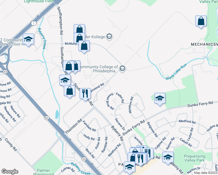 map of restaurants, bars, coffee shops, grocery stores, and more near 13037 Townsend Road in Philadelphia