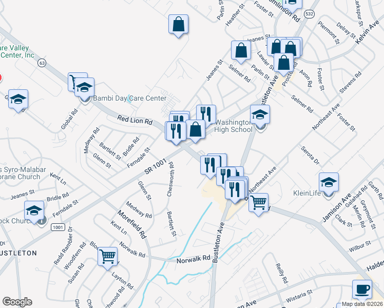map of restaurants, bars, coffee shops, grocery stores, and more near 1107 Chesworth Road in Philadelphia