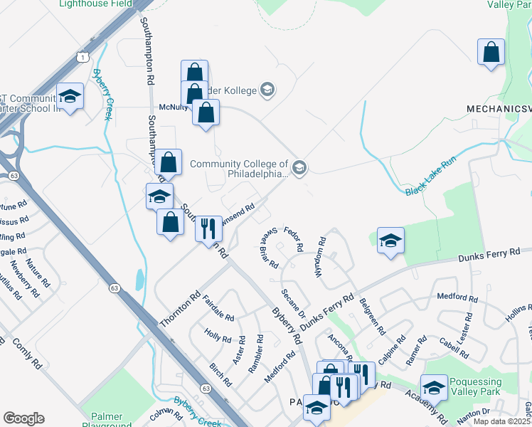 map of restaurants, bars, coffee shops, grocery stores, and more near 13037 Townsend Road in Philadelphia