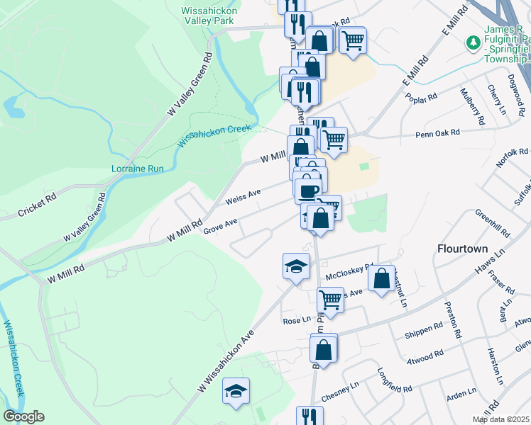 map of restaurants, bars, coffee shops, grocery stores, and more near 28 Grove Avenue in Flourtown