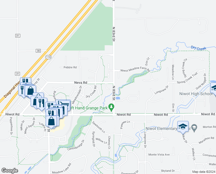 map of restaurants, bars, coffee shops, grocery stores, and more near 7174 Christopher Court in Niwot