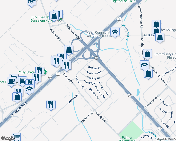 map of restaurants, bars, coffee shops, grocery stores, and more near 2824 Narcissus Road in Philadelphia