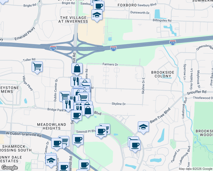 map of restaurants, bars, coffee shops, grocery stores, and more near 3677 Snouffer Road in Columbus