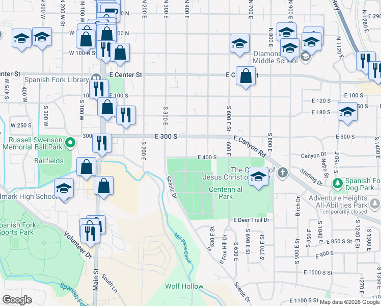 map of restaurants, bars, coffee shops, grocery stores, and more near 385 South 400 East in Spanish Fork