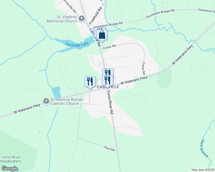 map of restaurants, bars, coffee shops, grocery stores, and more near 12 Toms River Road in Jackson Township