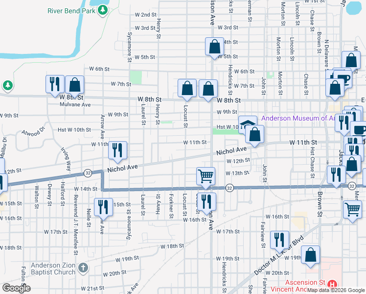 map of restaurants, bars, coffee shops, grocery stores, and more near 1109 Locust Street in Anderson