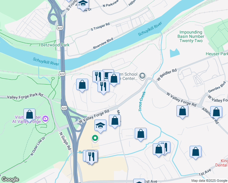 map of restaurants, bars, coffee shops, grocery stores, and more near 21438 Valley Forge Circle in King of Prussia