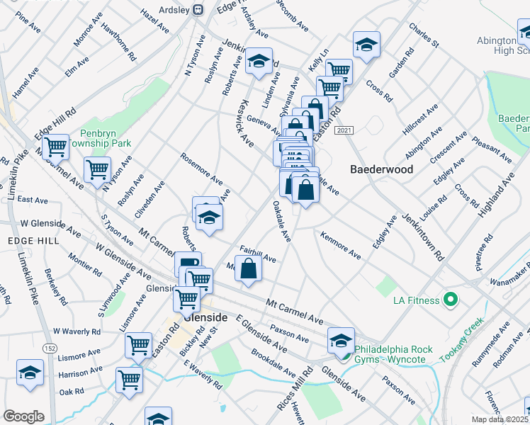 map of restaurants, bars, coffee shops, grocery stores, and more near 259 North Easton Road in Glenside