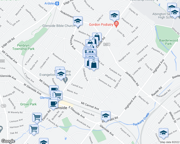 map of restaurants, bars, coffee shops, grocery stores, and more near 240 N Keswick Ave in Glenside