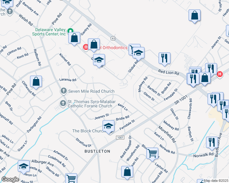 map of restaurants, bars, coffee shops, grocery stores, and more near 661 Kismet Road in Philadelphia