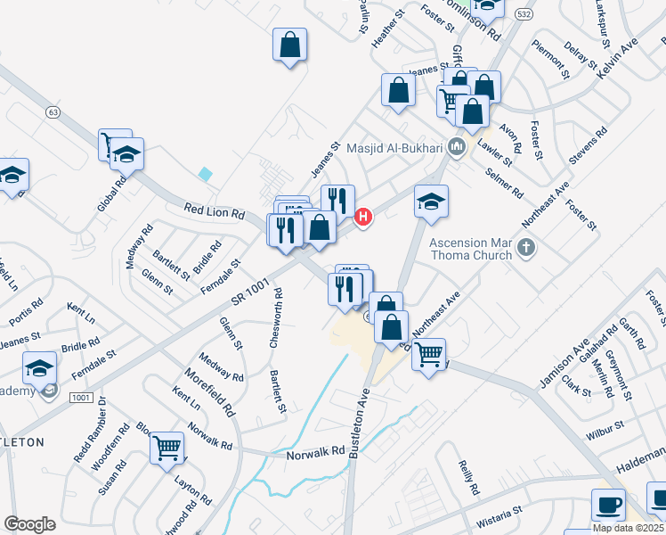 map of restaurants, bars, coffee shops, grocery stores, and more near 805 Red Lion Road in Philadelphia