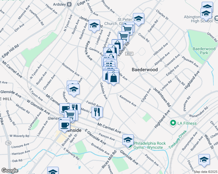 map of restaurants, bars, coffee shops, grocery stores, and more near 266 North Keswick Avenue in Glenside