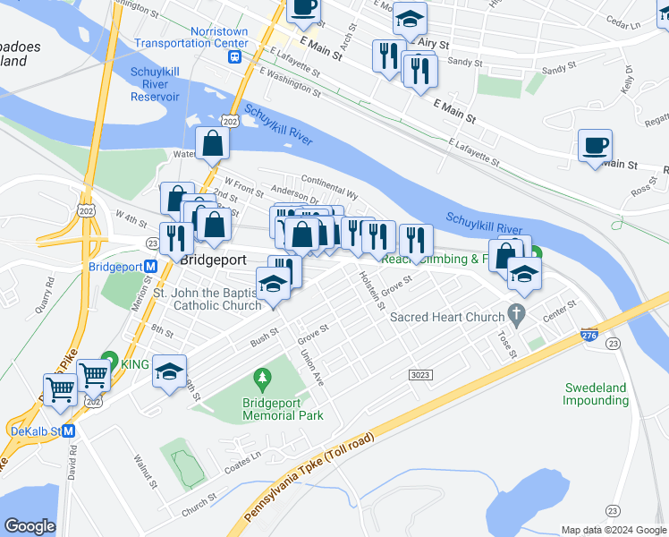 map of restaurants, bars, coffee shops, grocery stores, and more near in Norristown