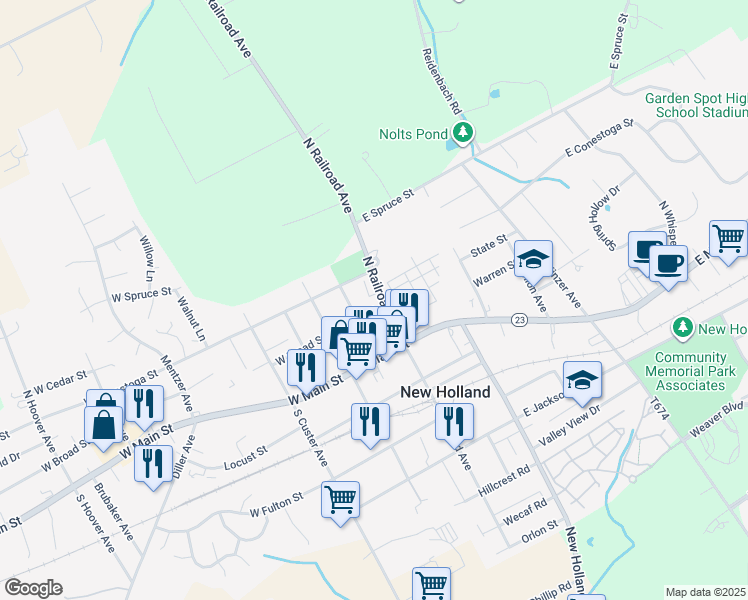 map of restaurants, bars, coffee shops, grocery stores, and more near 124 East Conestoga Street in New Holland